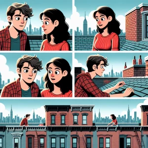 create a stop-action movie of a young man and woman meeting on the roof of a brooklyn brownstone