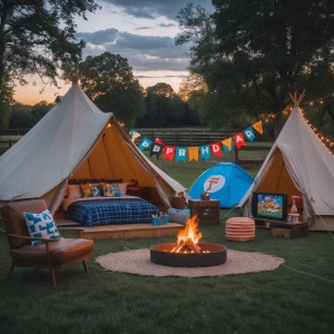 Outdoor boys' glamping birthday sleepover party featuring a 12 p...