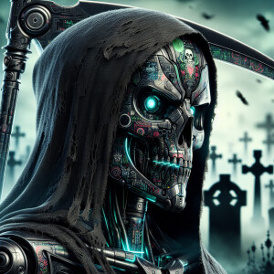 A digital illustration of a futuristic grim reaper robot head wi...