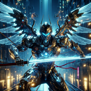 Imagine a cybernetic winged samurai, fiercely engaged in battle...