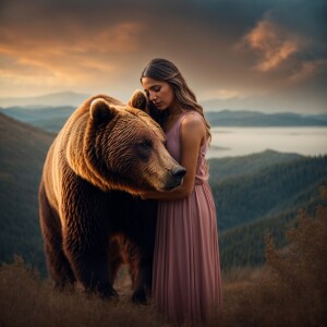A serene woman and a Grizzly bear sharing a peaceful embrace, bo...
