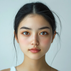 Create an image of a 19-year-old woman with a cute appearance, a...