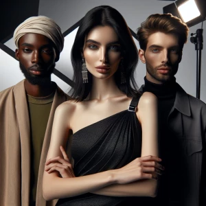 A group photoshoot with multiple models wearing a coordinated collection. They’re posed dynamically against a studio backdrop of overlapping geometric shapes, with dramatic shadows and spot lighting to create a bold, editorial feel