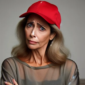 A very confused concerned middle aged woman with a red baseball...