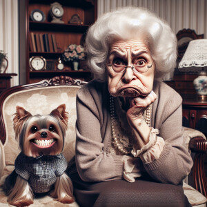 Comical Whimsical old lady with a sullen look sitting in her li...