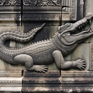 Show the bas relief of Siamese crocodile in Angkor wat