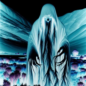 A creepy figure in a negative effect style, with inverted colors...