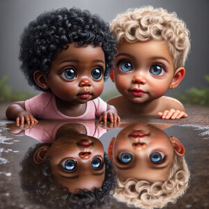 A curious cute african-American, baby with huge blue eyes and cu...