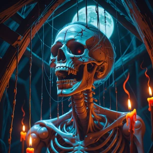 Airbrushed acrylic, surreal horror fantasy- A  skeleton  hangs s...