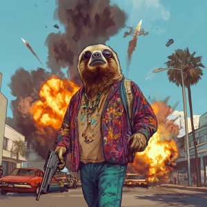 Sloths slerf meme..walking away from cars exploding, 90's clothi...