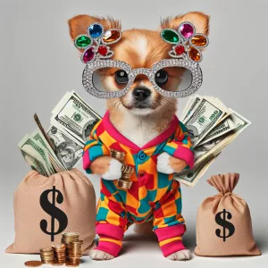 Dog in pajamas holding one billion dollars with diamond emerald...