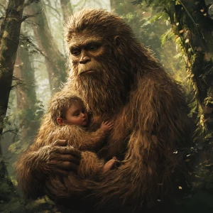 So a humanoid looking hair covered sasquatch holding a baby sasq...