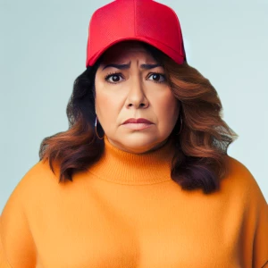 A perplexed, worried-looking, overweight middle-aged woman weari...