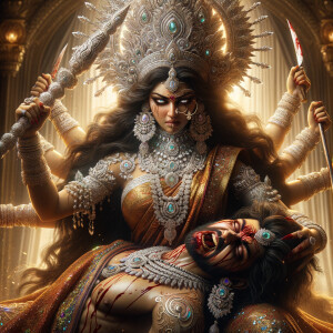 portrait of angry looking goddess durga, sitting on a gold crown and carrying a weak mahishasur on her lap and stabbing him with her amazing red finger nails. She is wearing diamond armor, a huge diamond crown, red saree, abundant diamond jewelry, covered in blood. The scene is set in ancient India. The image is 8K resolution, cinematic, ultra detailed face and epic.