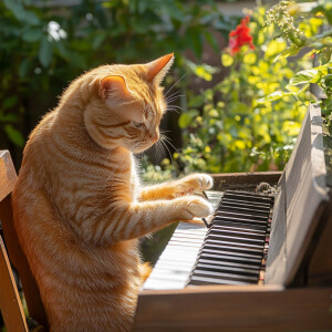An orange tabby cat playing a piano improvised from household it...