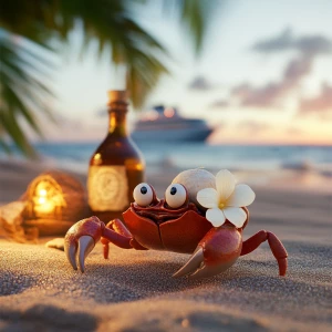 Cute female red crab with coconut shell on her back, white flowe...