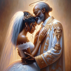 Imagine a hyper-realistic oil painting that captures a tender moment between theAfrican American bride and her God. The setting is intimate and filled with soft, warm lighting that enhances the emotional depth of the scene. The bride, in herexquisite wedding gown, shares a heartfelt embrace with her african-American Lord Jesus , who is dressedin an elegant outfit that complements the wedding's color scheme. Their expressions are full of love, pride, and joy, reflecting the special bond between them. Theattention to detail is paramount, from the intricate designs of their dresses to the subtle emotions conveyed in their facial expressions. The background is a blur ofgentle pastel hues, ensuring that the focus remains on this touching moment. Thispainting should convey the warmth, love, and depth of the relationship, with the rich textures and vibrant strokes characteristic of oil paintings, capturing the essence of this significant pre-wedding moment.