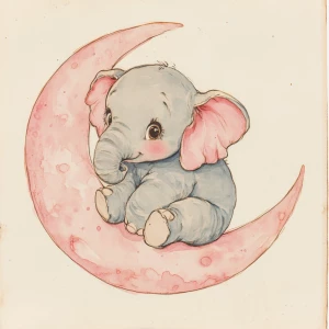 A cute, cartoon elephant sits on a stylized, rosy-pink crescent moon. The elephant is light gray with large, round, pink-spotted ears.  Its body is round and its trunk is curled gently upward.  The elephant's eyes are large and round, and its facial expression is happy and friendly. The elephant's legs and feet are visible, and its posture is relaxed, sitting. The moon is a soft, shaded pink, with watercolor-like texture and subtle shading. The background is white. The image is in a child-friendly style, showcasing delicate line work and color palettes. The composition is centered on the elephant, which is positioned on the moon. The overall style is sweet, whimsical, and reminiscent of children's book illustrations.  The colors are pastel and soothing, creating a gentle atmosphere.  Small, white polka dots accentuate the elephant's ears and trunk, enhancing the adorable aesthetic.