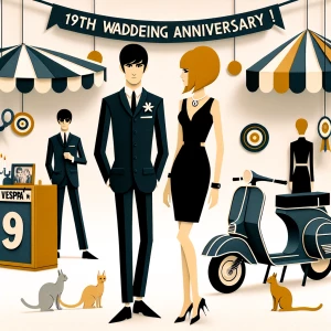 ‘Happy 19th Anniversary!’ Written
A 60s mod vibe with a tan male...