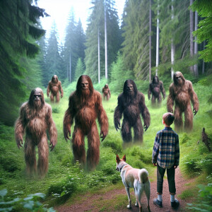 1200 hairy humanoid Sasquatchs emerging from the forest, fixing...