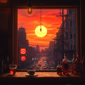 A cozy scene viewed from a café window, capturing a vibrant suns...