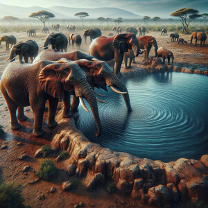 Elephants drinking water from a watering hole in Africa, ultra-d...