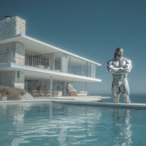 Hyperrealistic eye level exterior photo of a mid-century modern...