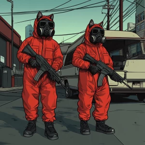 Two humanoid cats dressed in red hazmat suits and wearing gas ma...