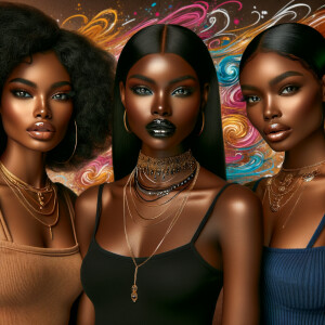 An image of three charming attractive curvy African American brown skin tone women, each one has different hairstyles fashion models together multiple necklaces rings, 4K HDR action painting colorful background