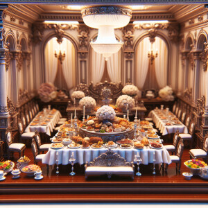 A professionally shot photograph of a banquet table with rich fo...