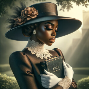 Render an airbrush oil painting of an African American woman with flawless makeup in a
contemplative pose, holding a Bible close to her heart, dressed in an elegant Sunday Best
outfit with a distinctive Church Hat. The background features a peaceful church garden,
with light filtering through the trees, highlighting her spiritual connection and the personal
moment of reflection. The artwork should capture the tranquility of the scene, the beauty
of her attire, and the depth of her contemplation, reflecting a serene and spiritually