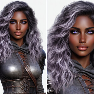 A beautiful huntress from the “Monster Hunter” series with dark...