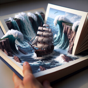 An open book with 3 dimensional photo of a sailing ship on a roc...