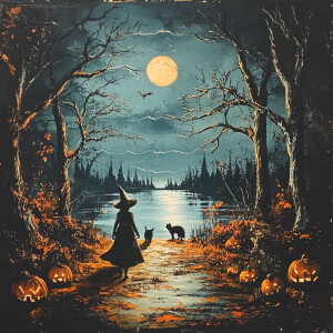 A vintage dark halloween night scene of a witch and black cat wa...