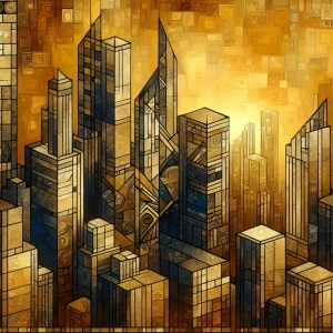 Depict the skyscrapers of New York City in the ornate, gold-leafed style characteristic of Gustav Klimt's paintings at the golden hour