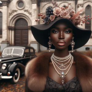 Create an image of a sophisticated woman with dark skin, wearing...