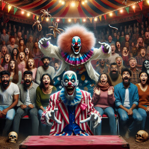 Scary clown scares everyone in the circus with his tricks