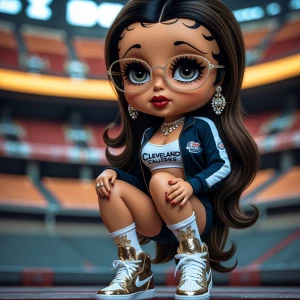 Betty Boop with a dark hazelnut oil paint complexion, long hair,...