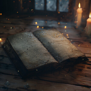 AI Image: An old, weathered journal lying open on a wooden table...