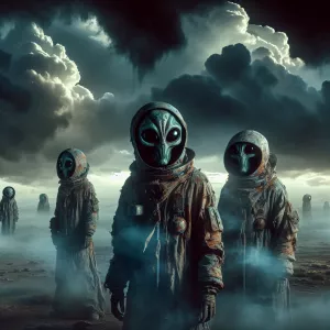 A group of aliens with tattered space suits  standing on a desol...
