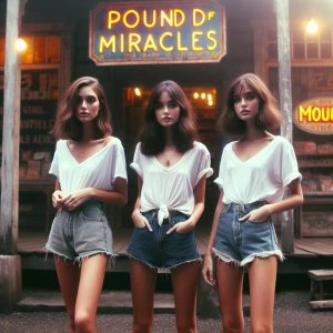 Create a color film photograph from 1973 of three beautiful 19-y...