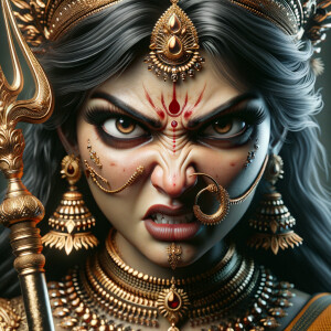 close up portrait of angry pooja hegde as goddess durga holding a trident. intricately detailed depiction of a goddess. gold jewelry all over body. one big round red bindi on forehead. ultra detailed face. uhd, hdr, 64k, epic scene.