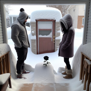 On the threshold of their house, in winter, a man and a woman fo...