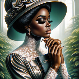 Render an airbrush oil painting of an African American woman with flawless makeup in a
contemplative pose, holding a Bible close to her heart, dressed in an elegant Sunday Best
outfit with a distinctive Church Hat. The background features a peaceful church garden,
with light filtering through the trees, highlighting her spiritual connection and the personal
moment of reflection. The artwork should capture the tranquility of the scene, the beauty
of her attire, and the depth of her contemplation, reflecting a serene and spiritually