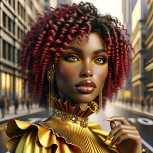 A airbrush image of a honey tone skin curvy woman with ruby red...