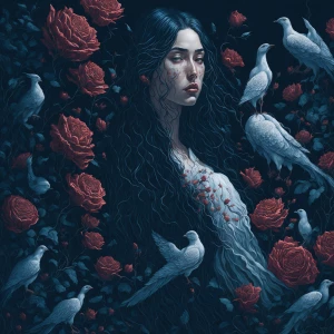 Enchanting surreal illustration, a seductive looking long raven-...