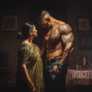 Photo Hyperrealism, painting,a muscular beefy tattoed gujarati s...
