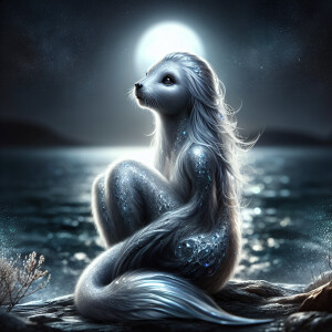 A ethereal selkie, her fur shimmering like liquid silver under t...