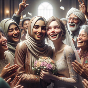 Indian pakistani girl named Anush with Hijab marrying mexican girl named Wendy in mid 20’s surrounded my their family happy to see them married