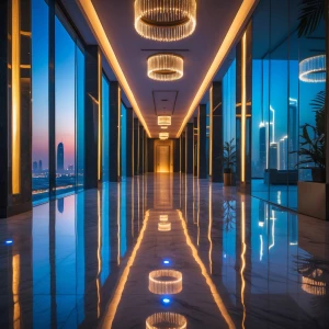 A sweeping shot of an ultra-luxury modern Dubai hallway in the e...
